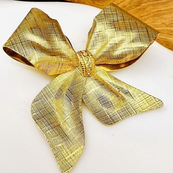 Vintage Textured Satin Bow Ribbon Brooch Crystal Accent Large Gold Matte 4085 - Picture 3 of 9